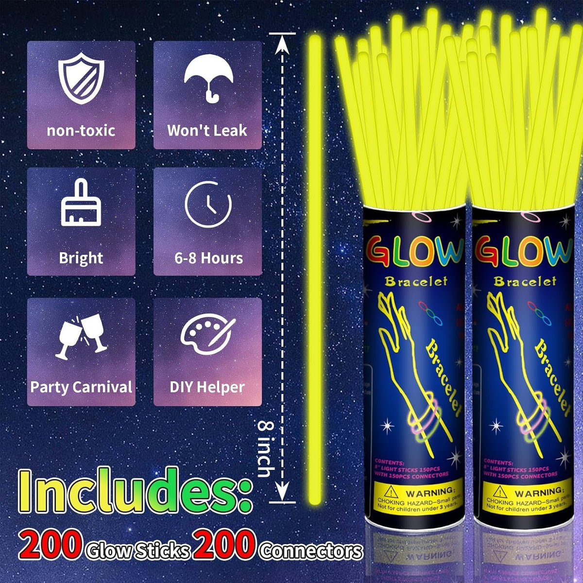 200 Pack 8'' Glow Sticks Bulk Party Favors Yellow Light Up Sticks with Connectors Neon Glow in the