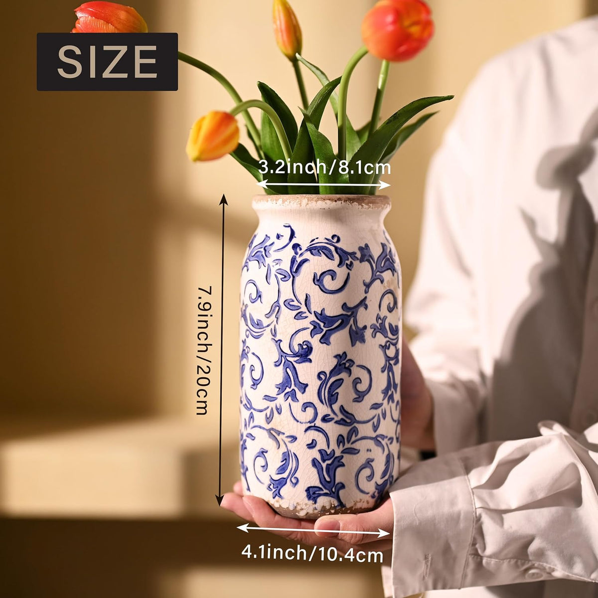 VICTOR & TERESA Rustic Blue and White Vase for Home Decor, Ceramic Vases for Flowers, Modern