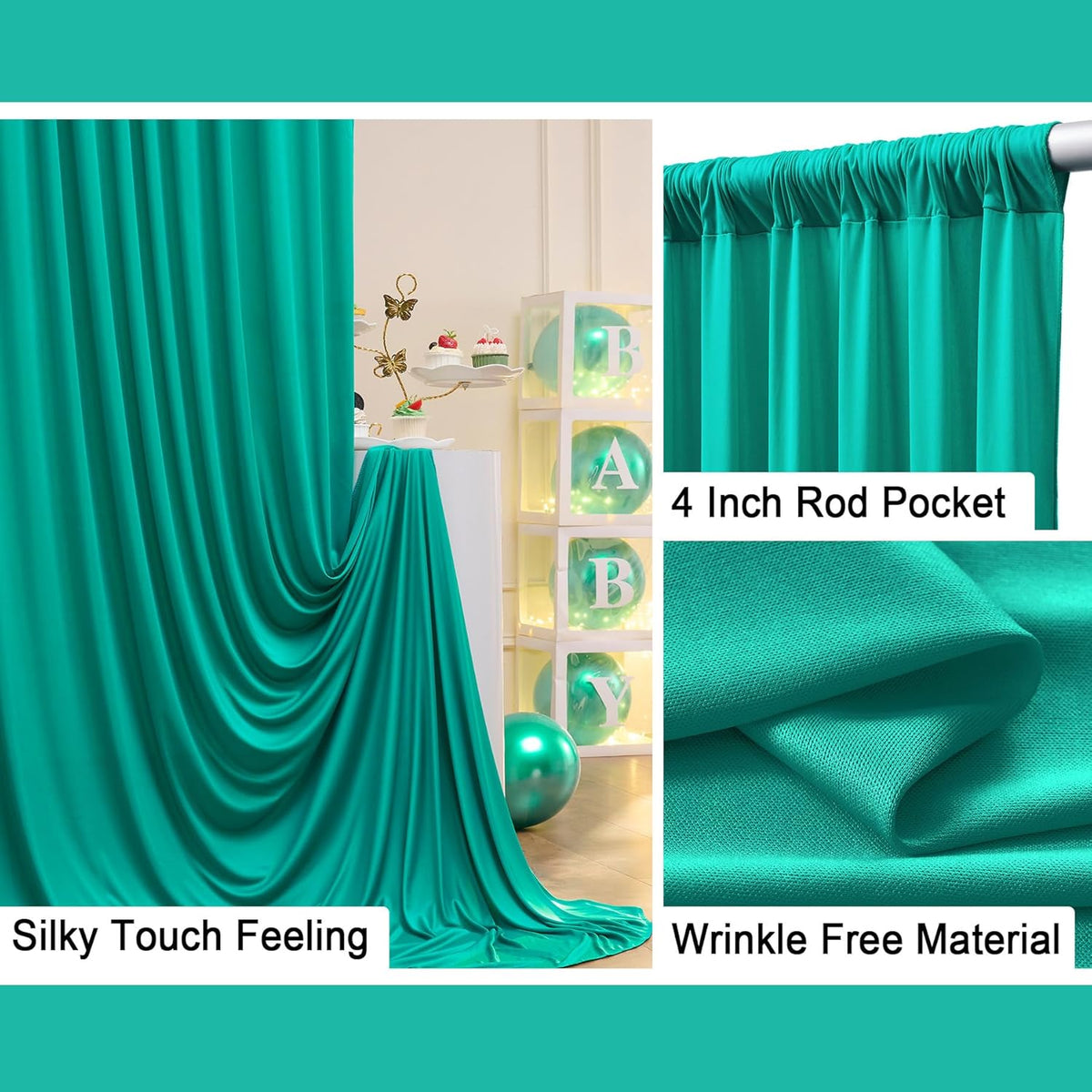 10 ft x 10 ft Wrinkle Free Turquoise Backdrop Curtain for Parties, Thick Polyester Teal Photo