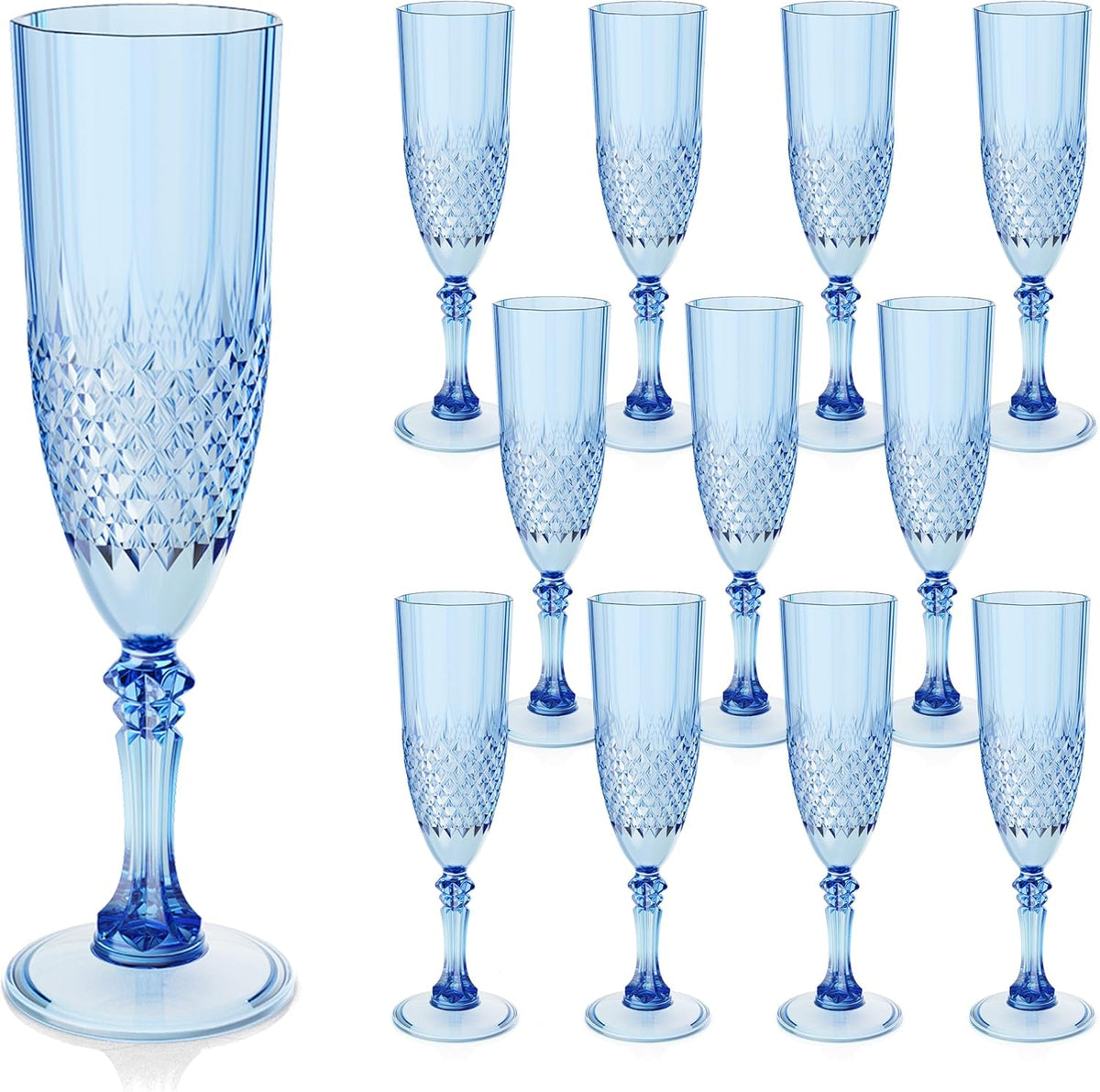 Plastic Champagne Flutes, 12PCS Blue Wine Glasses Goblets Cups Reusable Flute, for Weddings