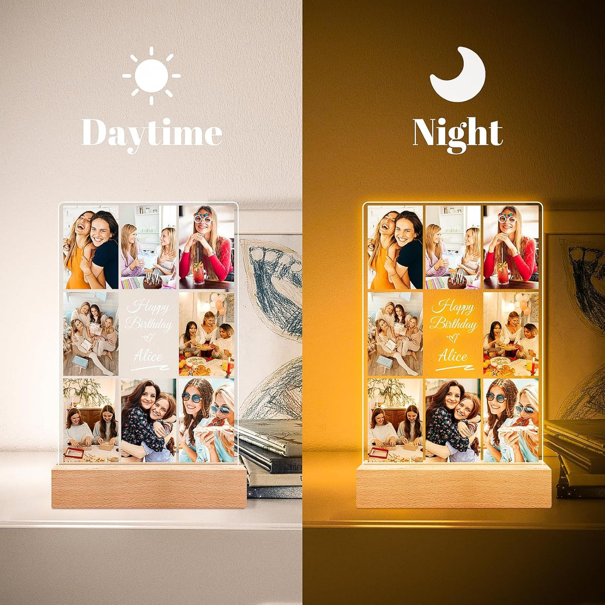 Custom Picture Frames with Photos, Personalized Photo Frame with Night Light, Customized Picture