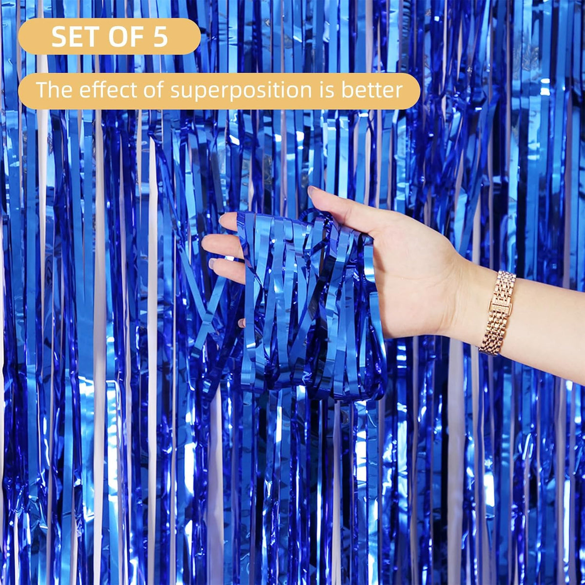 5 Pack Blue Fringe Foil Curtains 3.2ft x 8.2ft Tinsel Backdrop Streamers for Birthday Party
