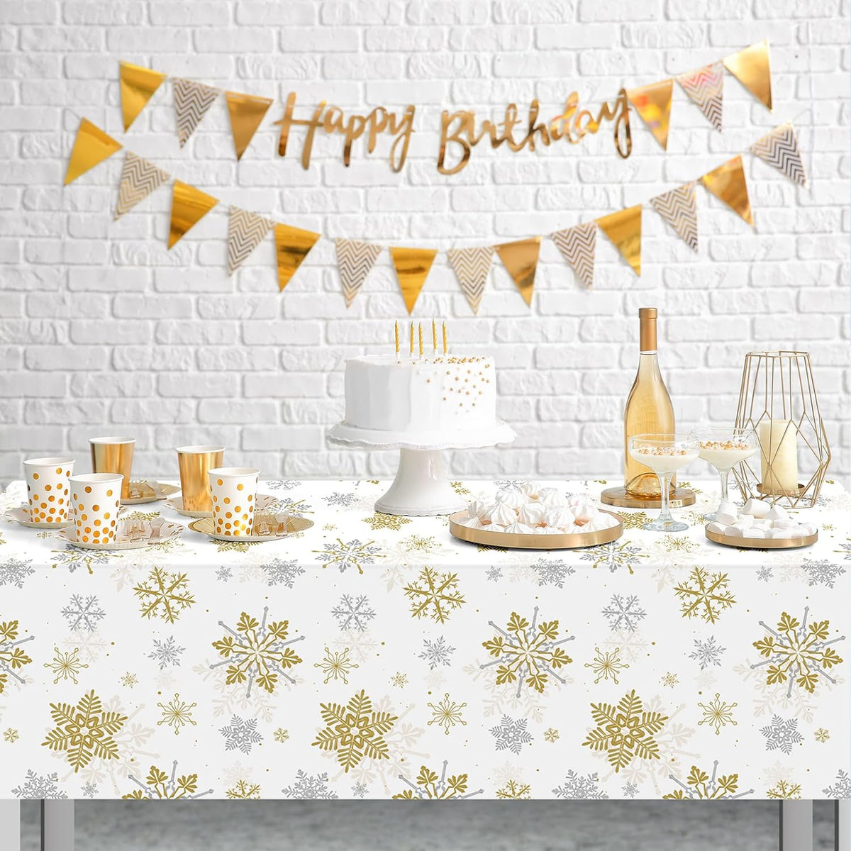 6Pcs Christmas Snowflake Party Tablecloths Decorations,Plastic White and Gold Table Cloth,Winter