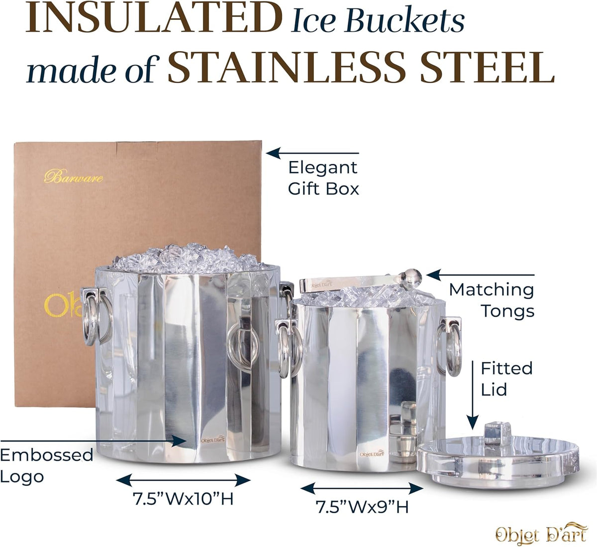 Insulated Ice Bucket for Parties by Objet D’Art, Large Ice Bucket with Scoop Tongs, 2 Stainless