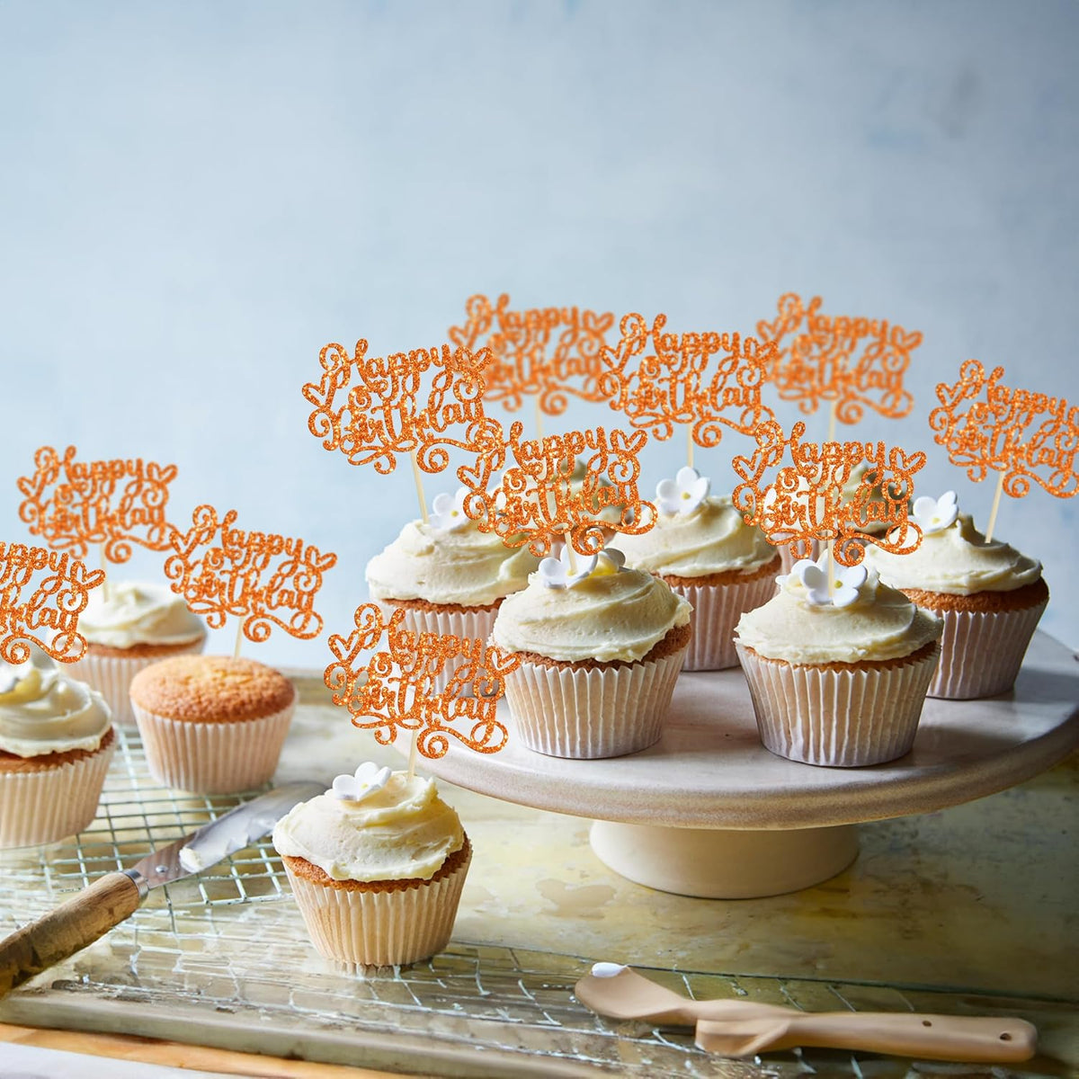Gyufise 24Pcs Happy Birthday Cupcake Toppers Glitter Happy Birthday Cupcake Picks for Celebrating