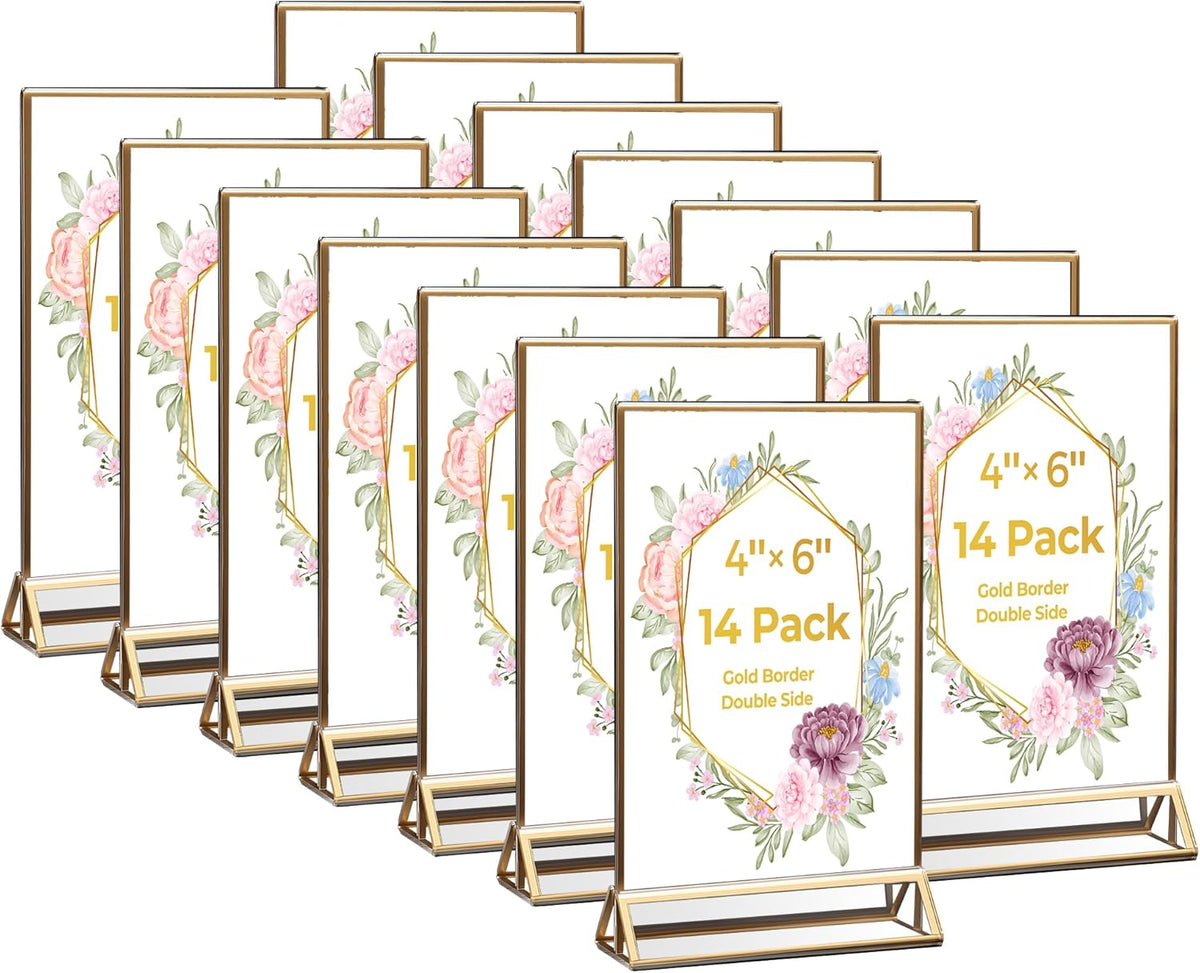 14 Pack Acrylic Sign Holder 4x6 Gold Frames, Wedding Table Number Holders Double Sided Vertical