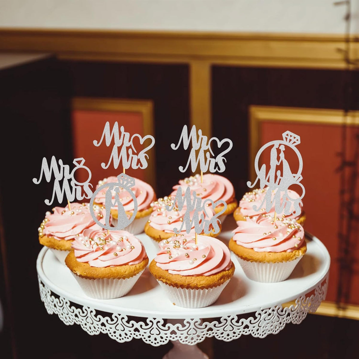 Sotpot 24PCS Miss to Mrs Cupcake Toppers with Ring Silver Glitter for Wedding Bridal Shower Wedding
