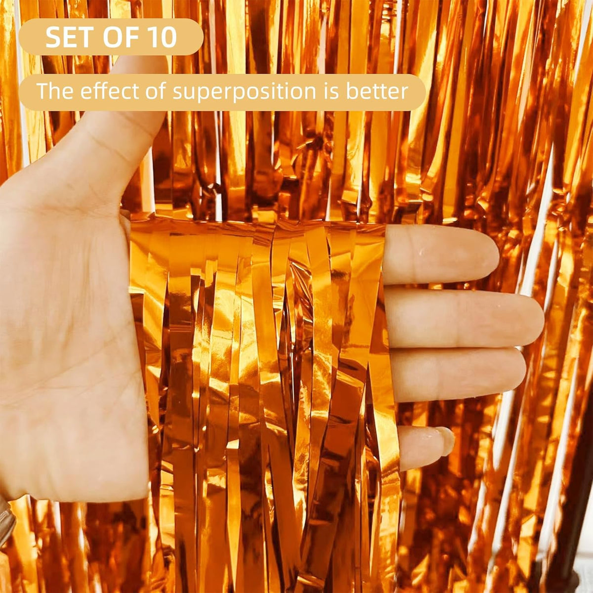10 Pack Orange Backdrop Curtain 3.2ft x 8.2ft Metallic Tinsel Foil Fringe Curtains Photo Booth