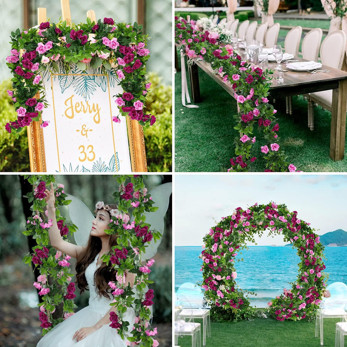 JUSTOYOU 2 Pack (15.8FT) Fake Rose Garland, Artificial Rose Vines Flowers Hanging Silk Rose Vine