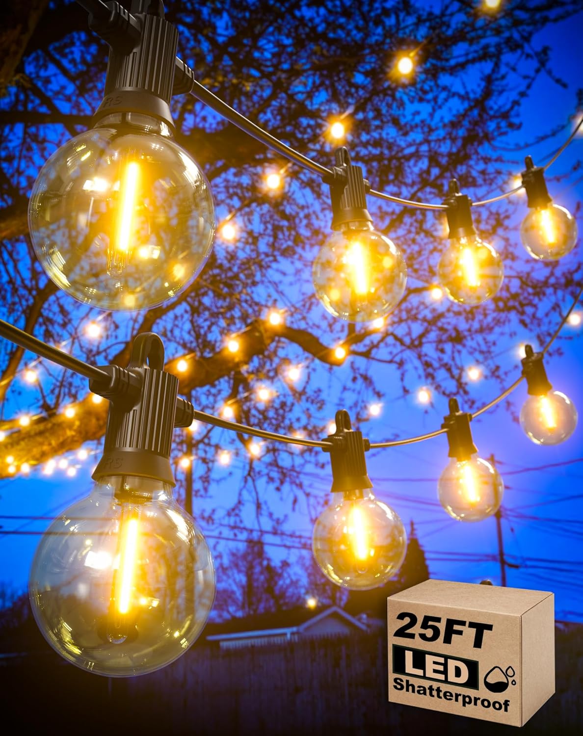 Outdoor String Lights, 25FT Patio Lights with 13 Shatterproof G40 Globe Bulb(1 Spare), Waterproof