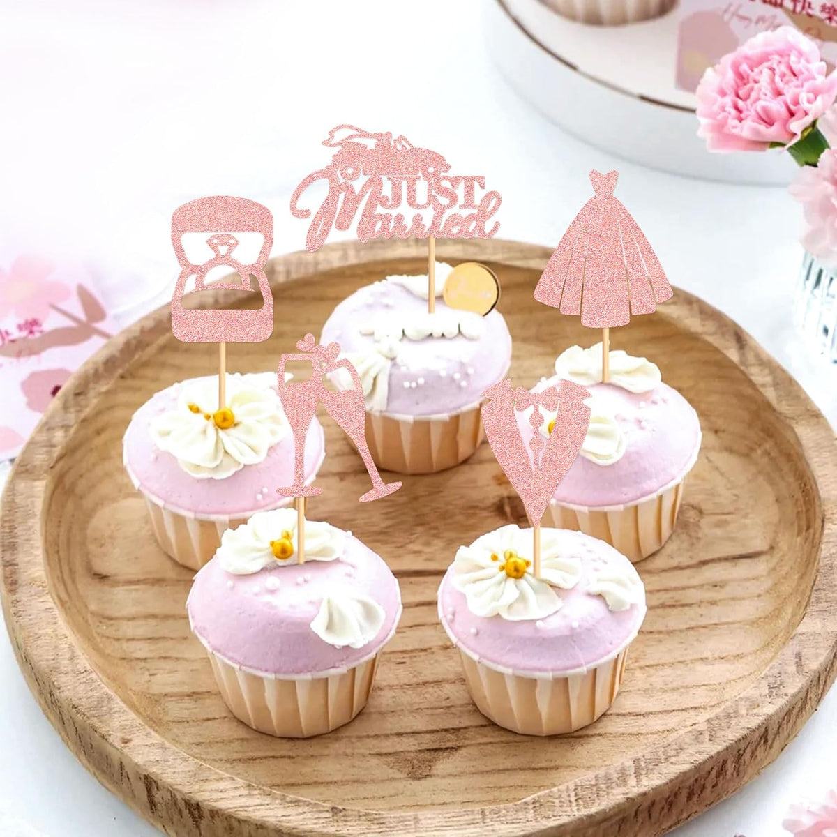 25 Pcs Bride and Groom Cupcake Toppers Wedding Dress Diamond Ring Cupcake Picks Bridal Shower