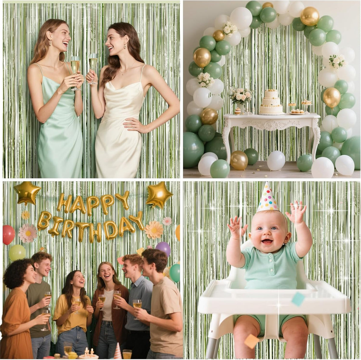4 Packs Sage Green Foil Fringe Curtain, Light Green Glitter Metallic Tinsel Backdrop for Boho