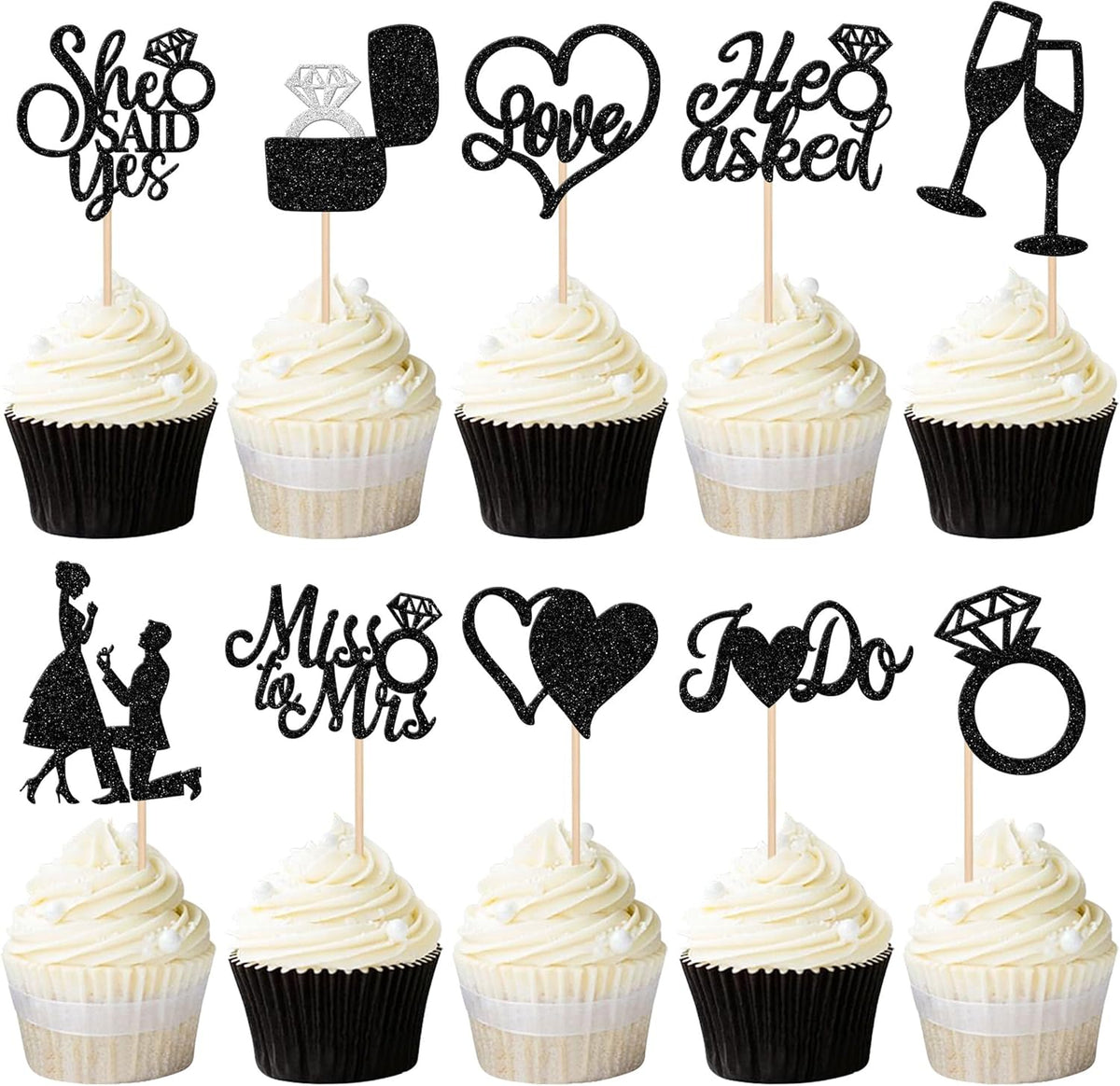 30 PCS He Asked She Said Yes Cupcake Toppers Glitter Engagement Cupcake Toppers Miss to Mrs I Do