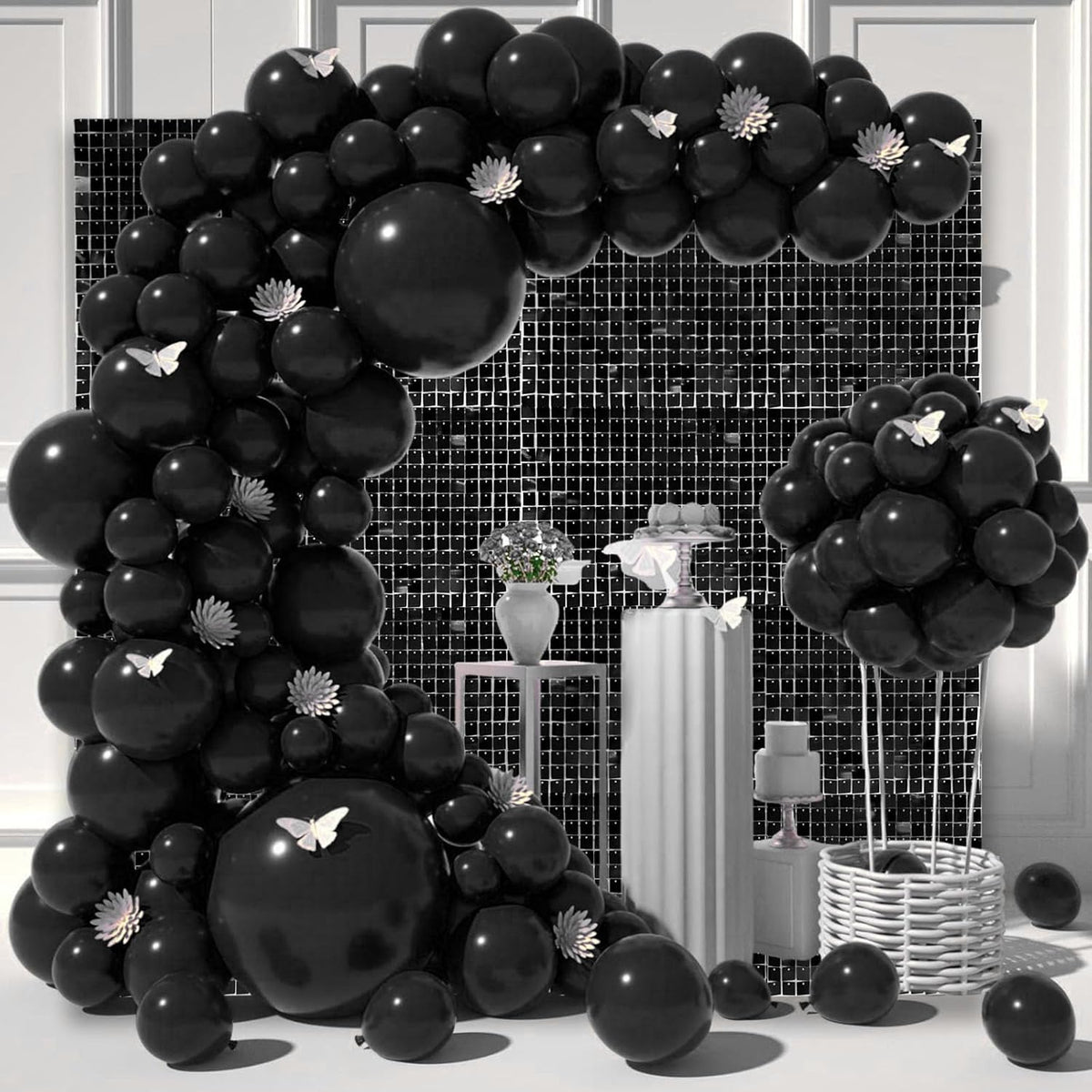 12PCS Black Shimmer Wall Backdrop, Square Sequin Photo Backdrops Panel, Glitter Wall Background for