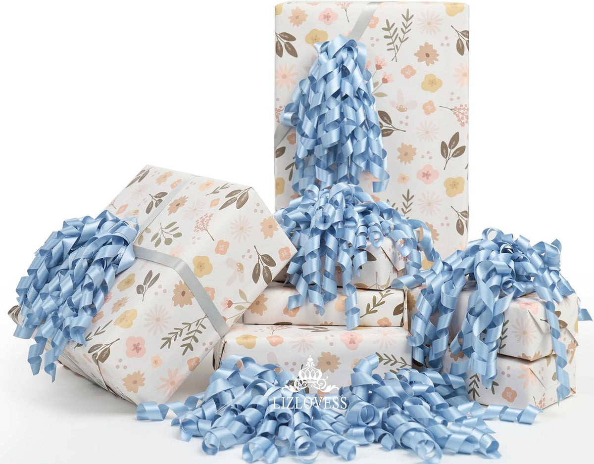 6 Inch Dusty Blue Curly Bows for Gift Wrapping Set of 6, Self Adhesive Bows French Blue Gift Bows