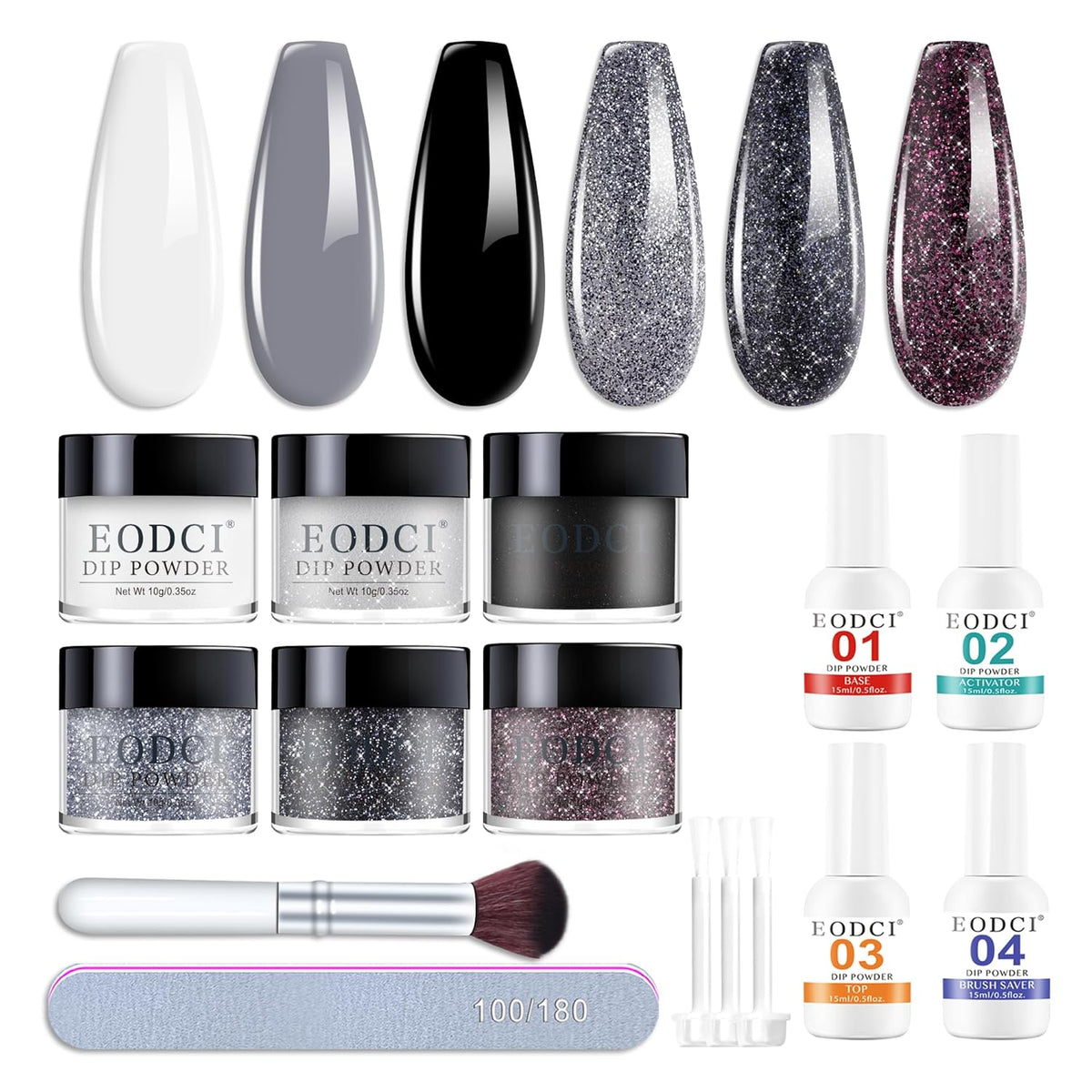 Dip Powder Nail Kit Starter, 6 Colors Glitter Dark Black White Dipping Powder Kit With Base & Top