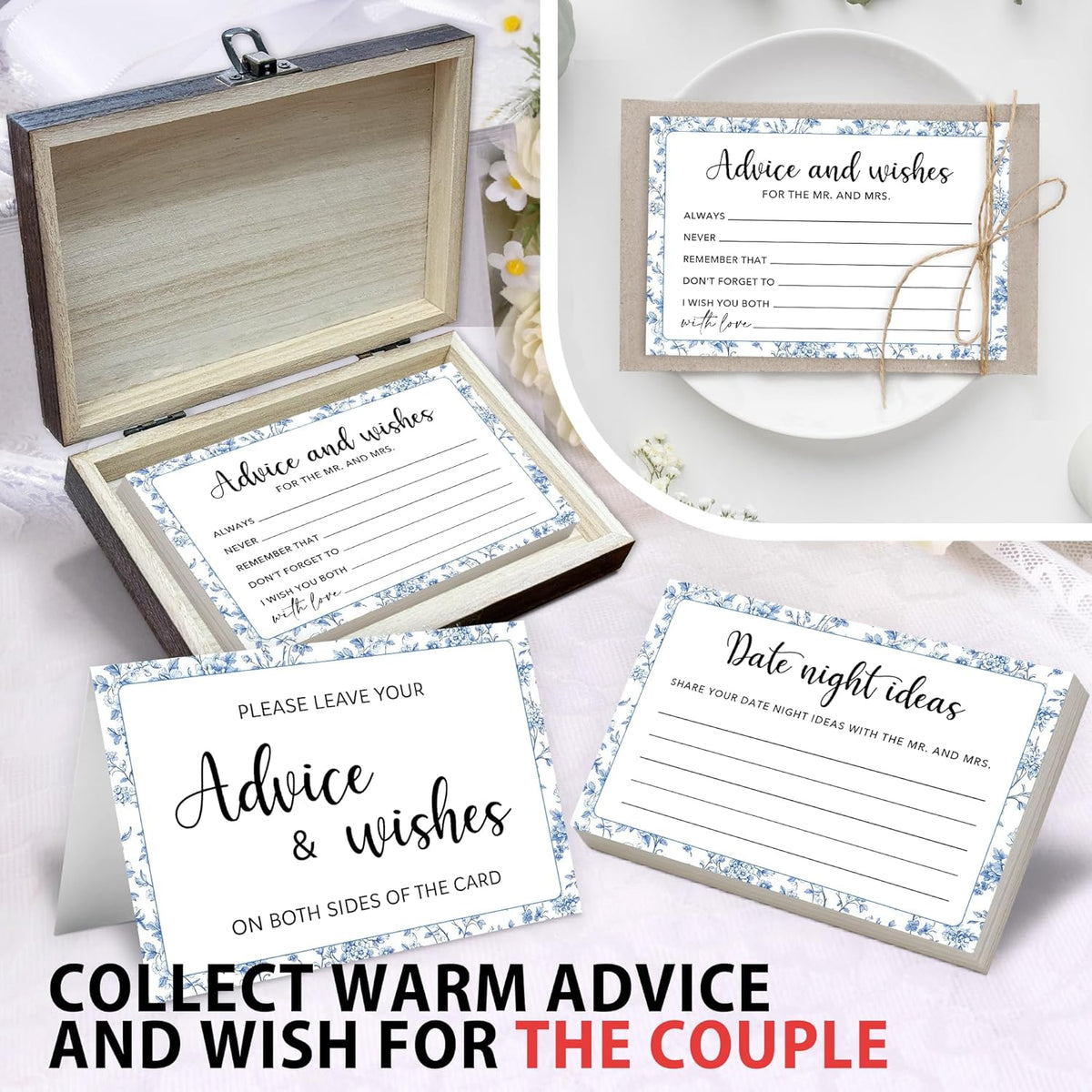 50 Pcs Advice and Wishes for the Mr and Mrs Cards in Box - Bridal Shower Guest Book - Perfect for