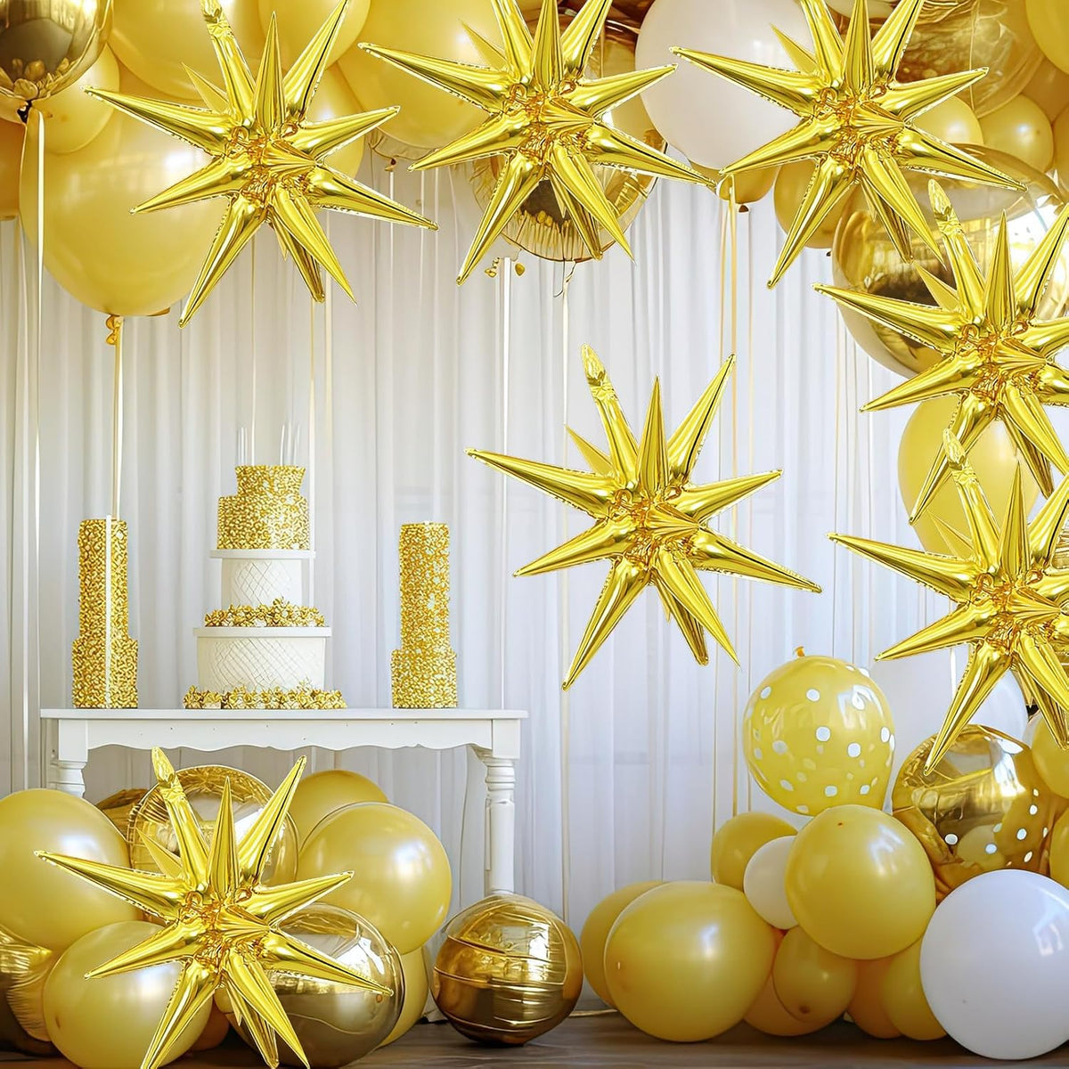 Gold Star Balloons,9Pcs 22Inch Gold Explosion Spike Cone Helium Polyester Film Star Foil Balloons
