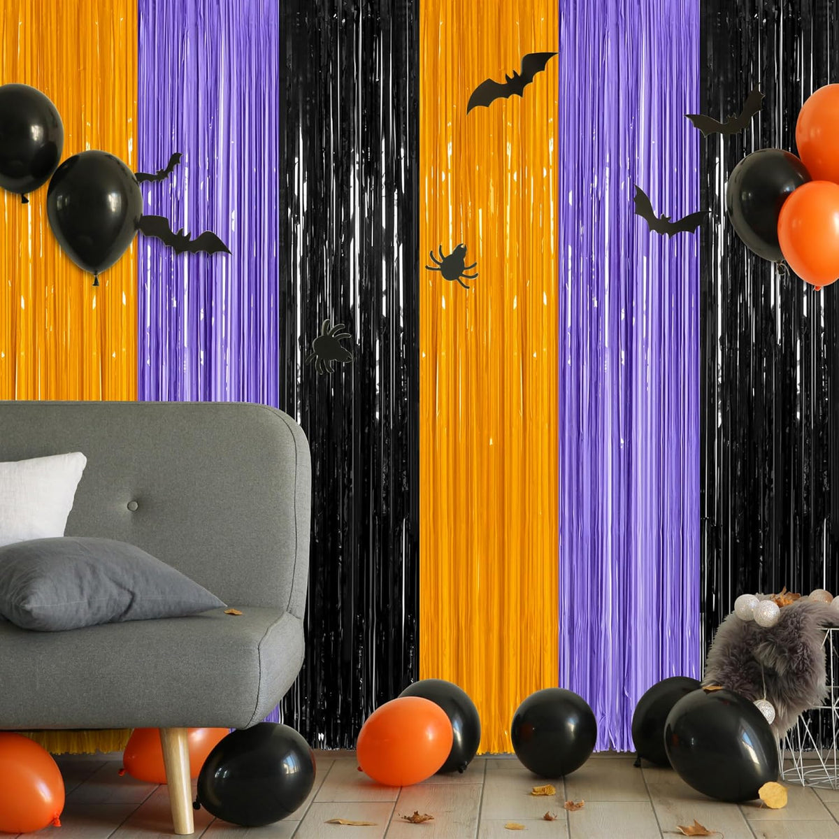 2 Pack Halloween Backdrop, 3.28 FT x 7.05 FT Foil Fringe Curtains, Orange Purple Black Party