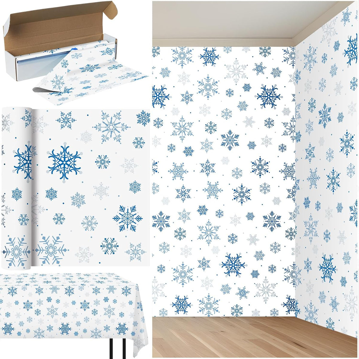 4.5x100 Feet Roll of Christmas Plastic Tablecloth Decorations,Disposable White Snowflake Blue Xmas