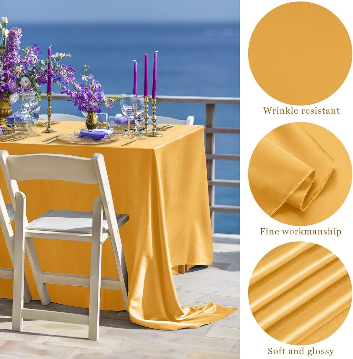 TURSTIN 1 Pack Gold Satin Tablecloth 102 x 58 Inch Overlay Satin Table Cover Rectangle Bright Silk