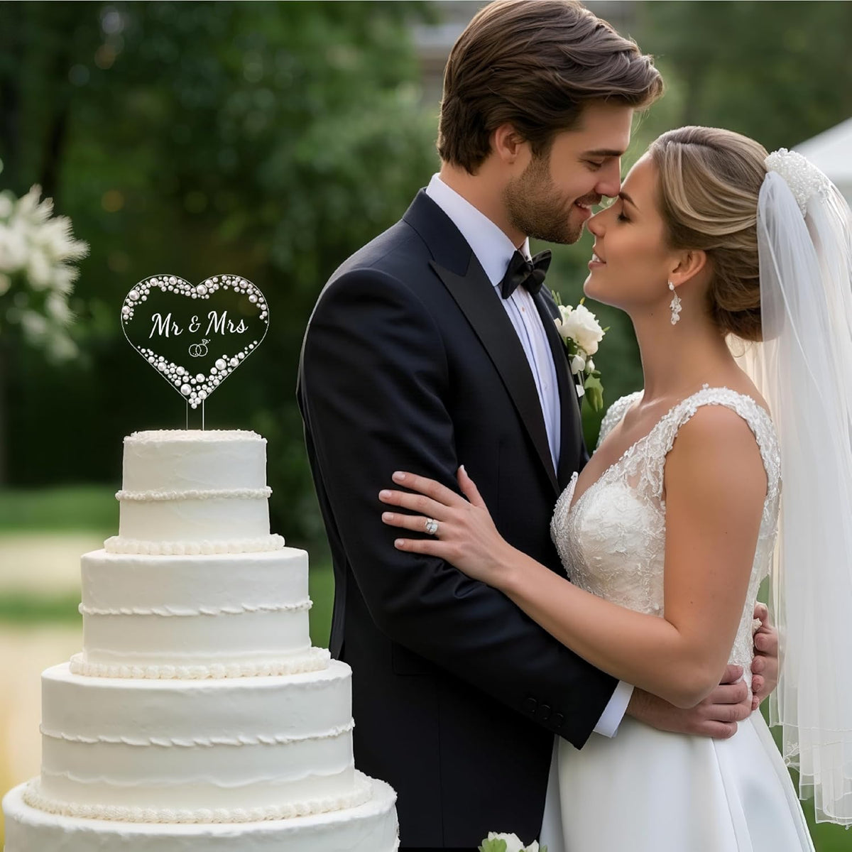 Coucoland Mr and Mrs Cake Topper - Heart Wedding Cake Decor with Rhinestones and Pearls for