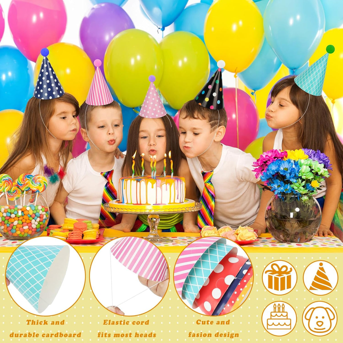 116 PCS Birthday Party Cone Hats Assorted Colors Cone Paper Hat with Colorful Blowers and Metallic