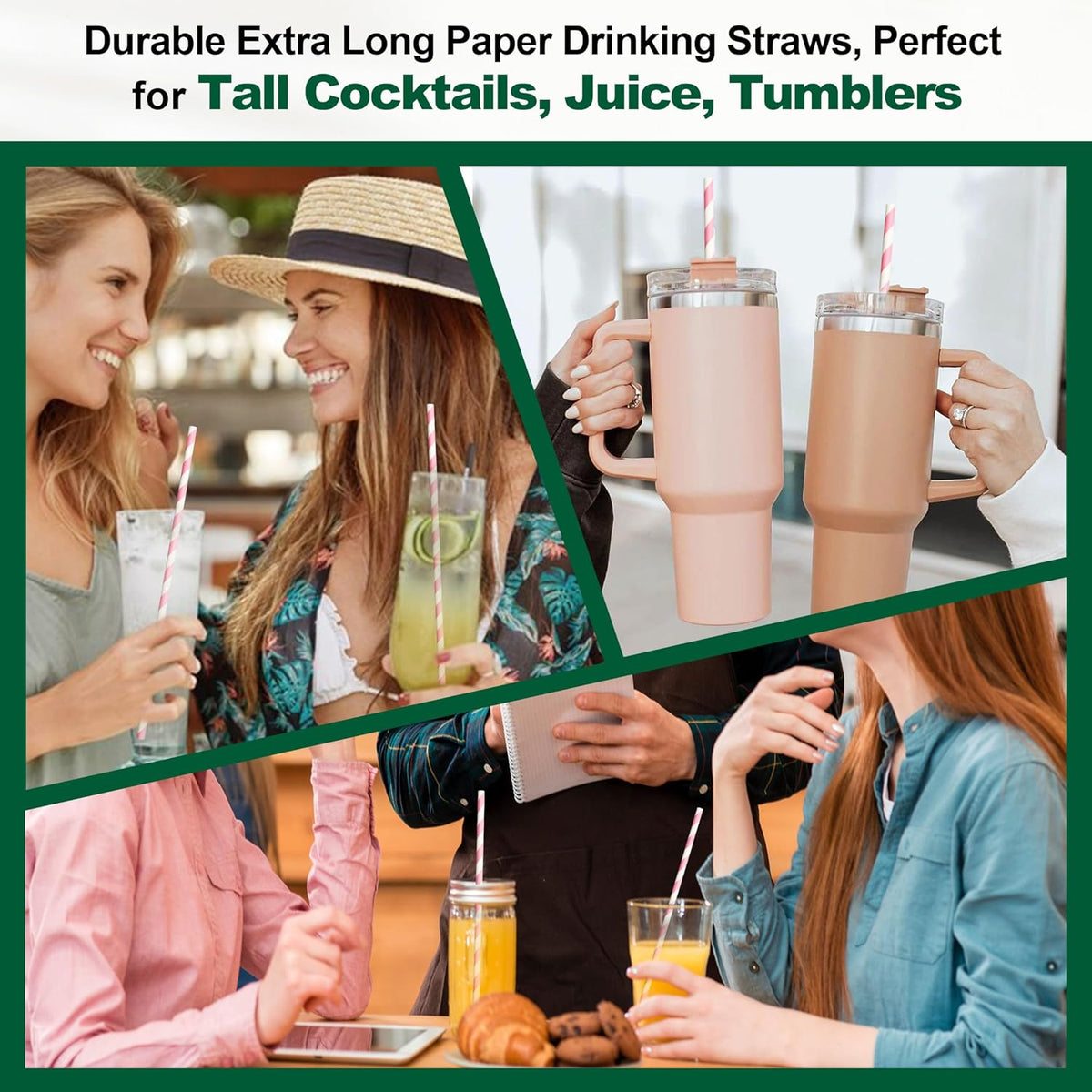 Biodegradable Pink Paper Straws for Drinking - 10 Inches Long, 0.24" Diameter, Pack of 100