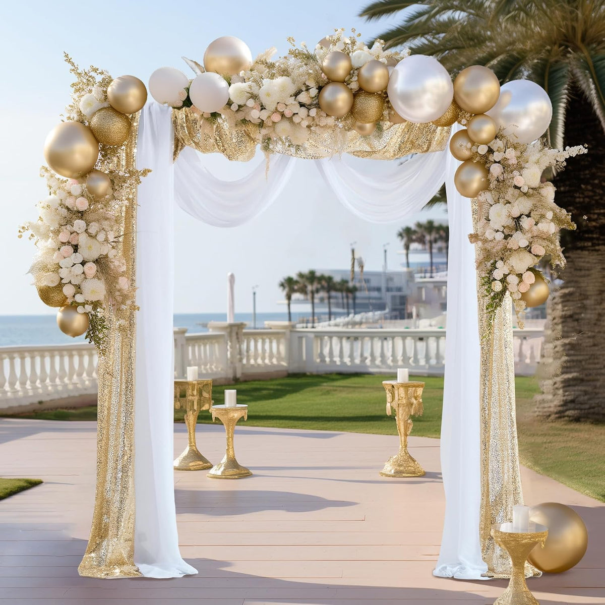 Wedding Arch Draping Fabric, 1 Panel 28" x19ft White Arch Drapes & 1 Panel 16" x19ft Champagne