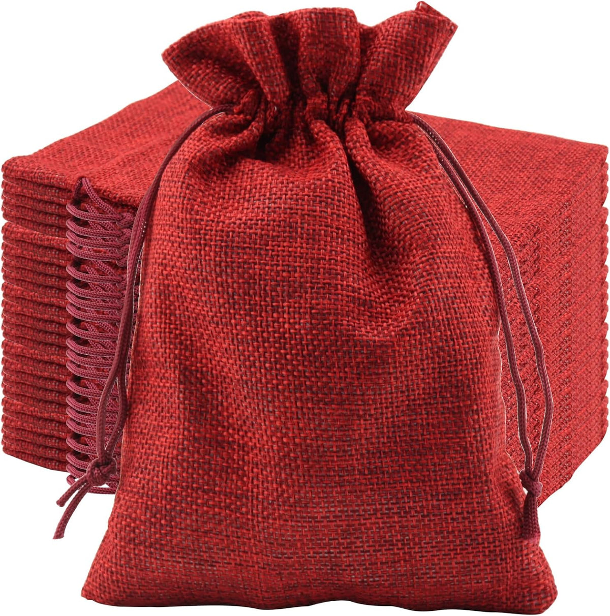 ZOENHOU 50 Packs 5 x 7 Inch Large Burlap Bags with Drawstring, Durable Wine Red Jute Drawstring