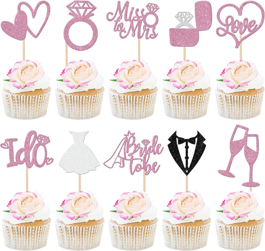 30 PCS Bride to Be Cupcake Toppers Glitter Miss to Mrs I Do Love Heart Ring Cupcake Picks Wedding