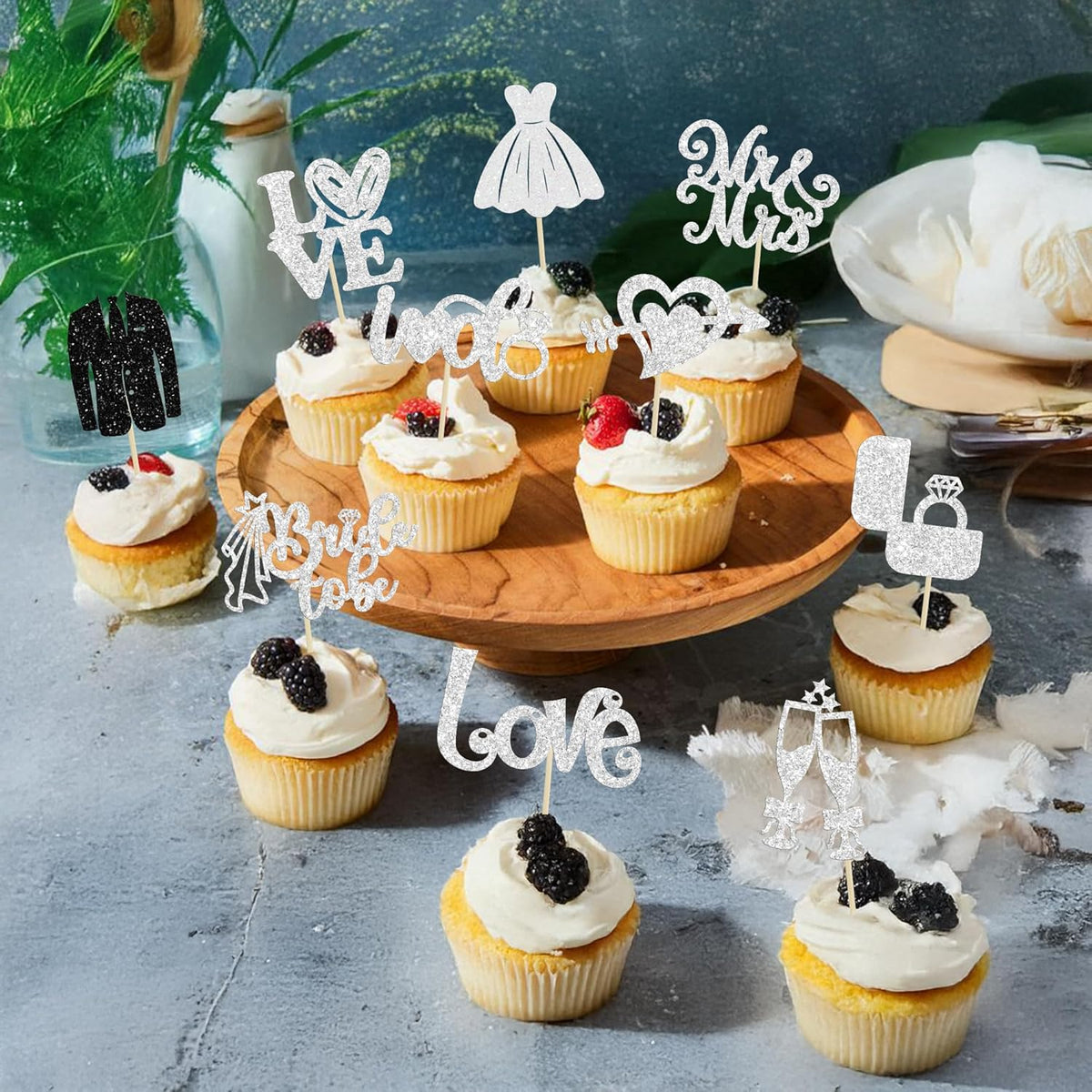 Ephlyn 30Pcs Bride to be Cupcake Toppers Glitter Diamond Ring Love I Do Cupcake Picks for Miss to