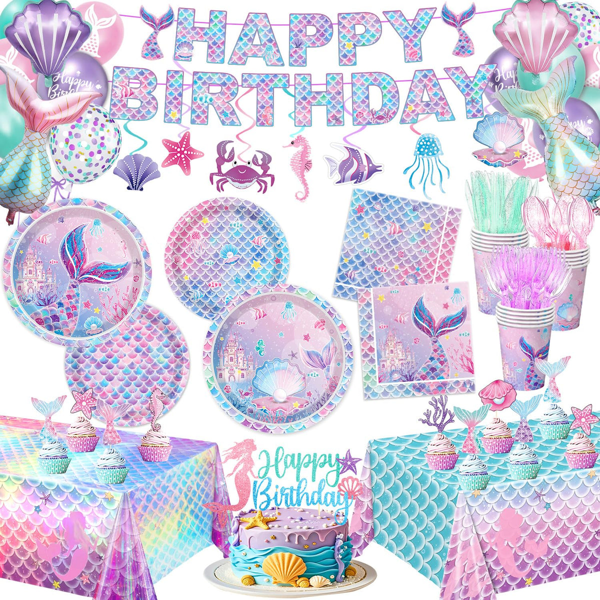 NKPDAXM Mermaid Birthday Decorations Include Plates, Napkins, Cups, Cutlery, Hanging Swirls