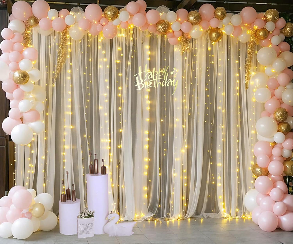 Champagne Sheer Backdrop Curtain with Lights String for Parites Wedding 20×10ft Tulle Backdrop