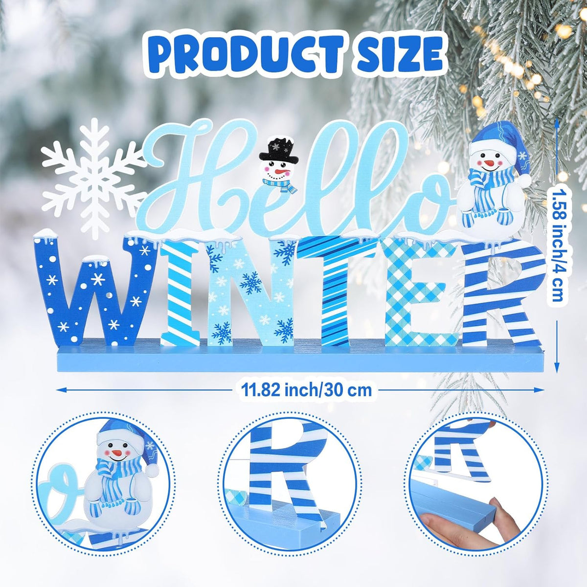 Winter Metal Sign Hello Winter Table Decor Christmas Tiered Tray Decor with Wooden Base Metal Blue