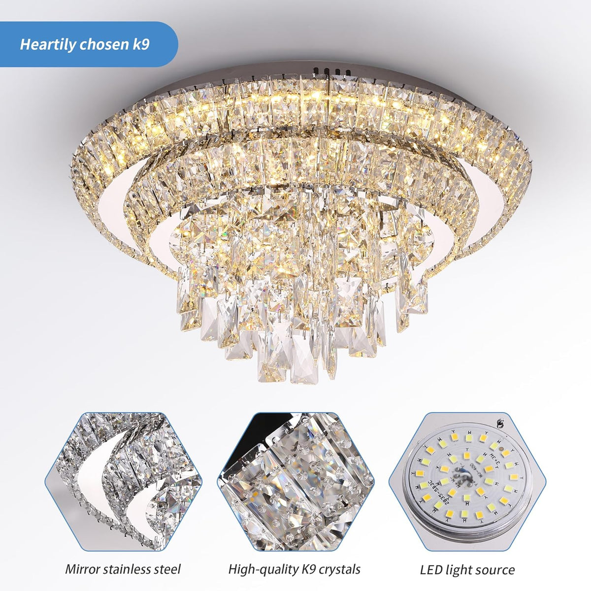 18 inch Crystal Silver Ceiling-Light Flush Mount with Remote Control and APP, 3CCT Dimmable &