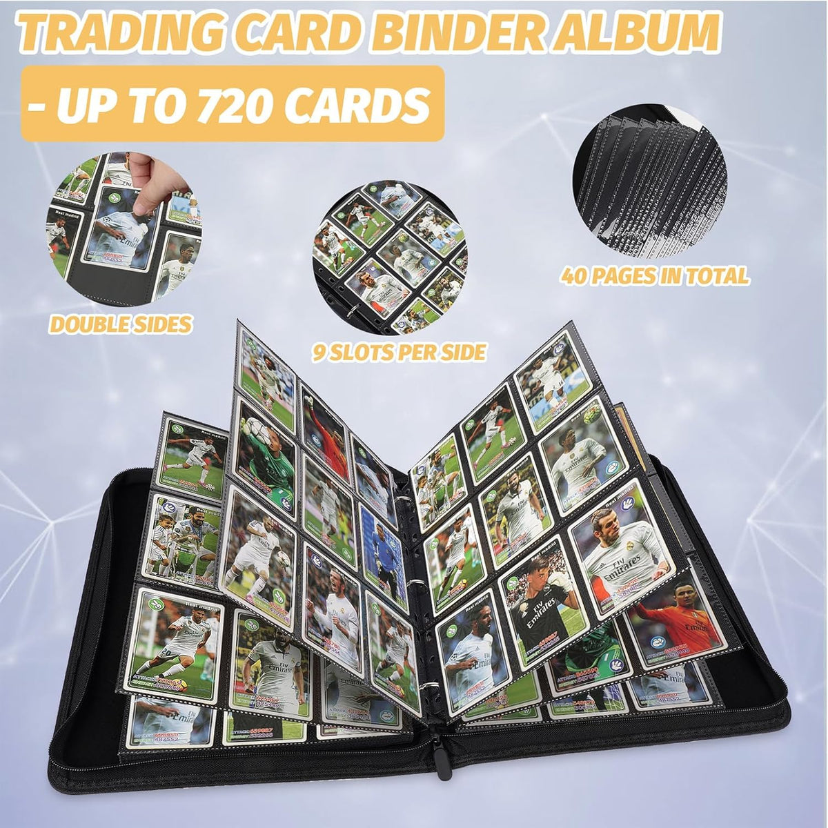 Trading Card Binder, Premium 9 Pocket Card Binder, 720 Double Sided Pocket PU Collection Binder