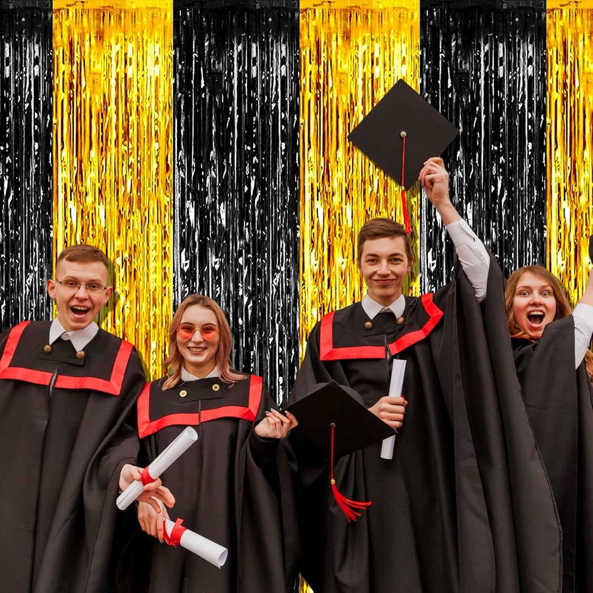 4 Pack Black Gold Foil Fringe Curtain Backdrop, 3.28Ft x 9.8Ft Metallic Tinsel Foil Fringe