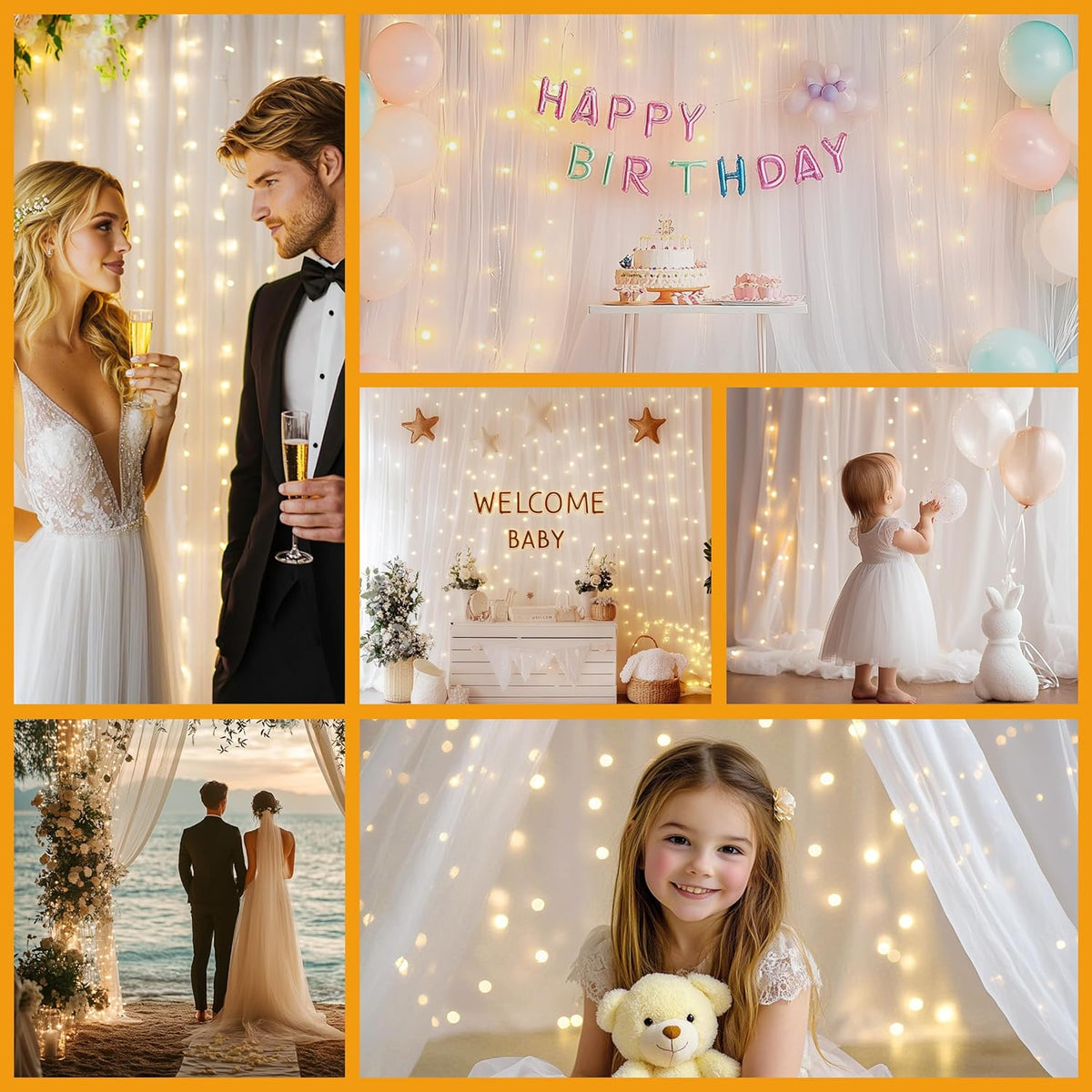 White Tulle Backdrop with Fairy Lights for Parites Wrinkle-Free Sheer Curtain Drapes Photo Back