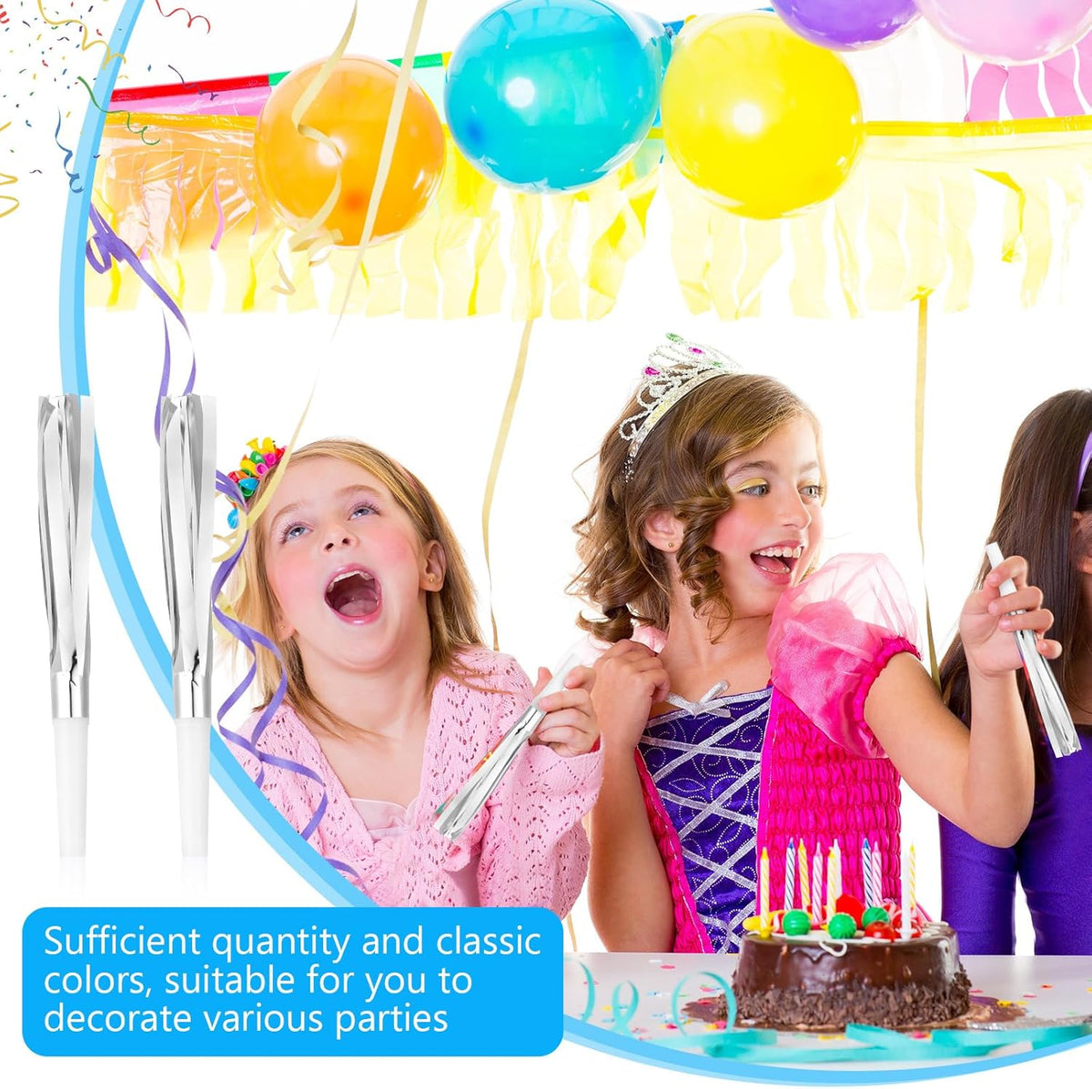 Metallic Fringed Noise Makers, 24 Pcs, Gold White, Silver White, for Noise Makers Party Favors