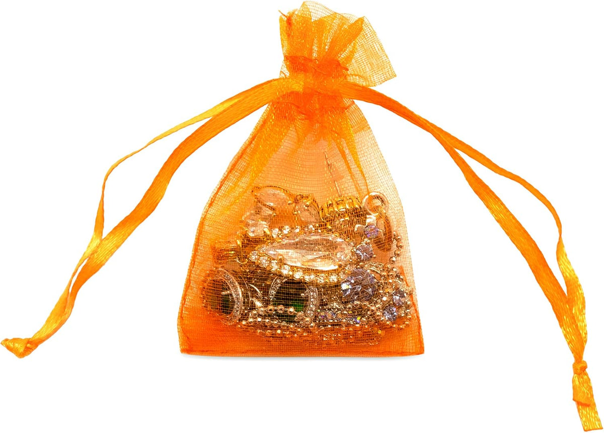 TheDisplayGuys 100-Pack 3x4 Orange Sheer Organza Gift Bags with Drawstring, Goodie Bags for