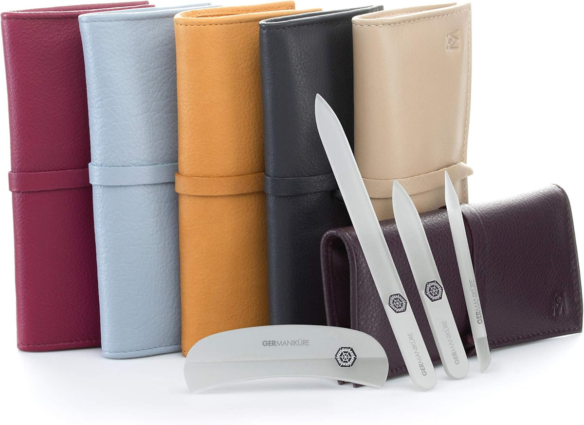 GERMANIKURE Gray Crystal Glass Nail File Set in Eggplant Purple Leather Case – Handmade in Czech