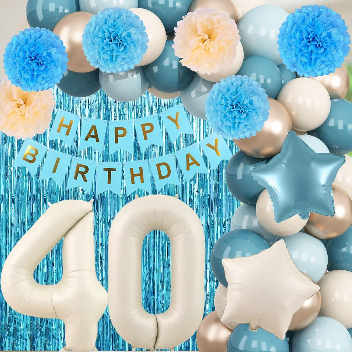 Dusty Blue 40th Birthday Party Decorations for Women Men Beige Cream Number 40 Balloon with Blue