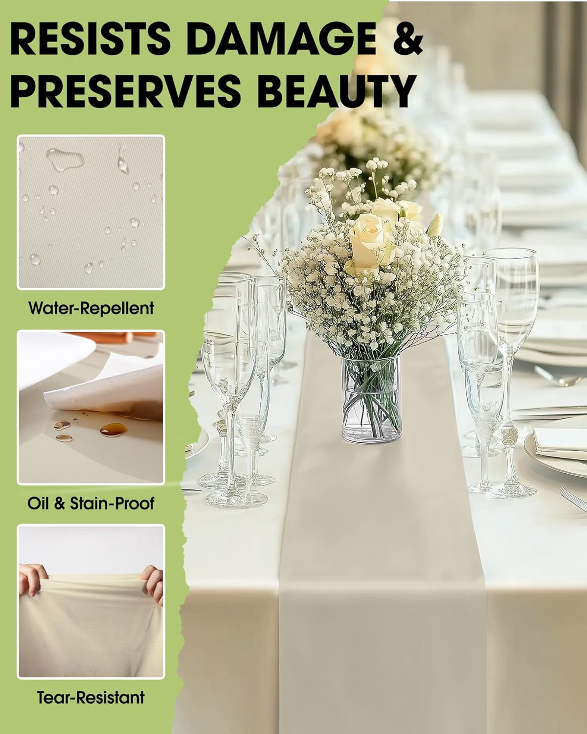 Pureegg Ivory Plastic Table Runners - 10 Pack, 14'' x 108'', Water Resistant & Disposable Cream