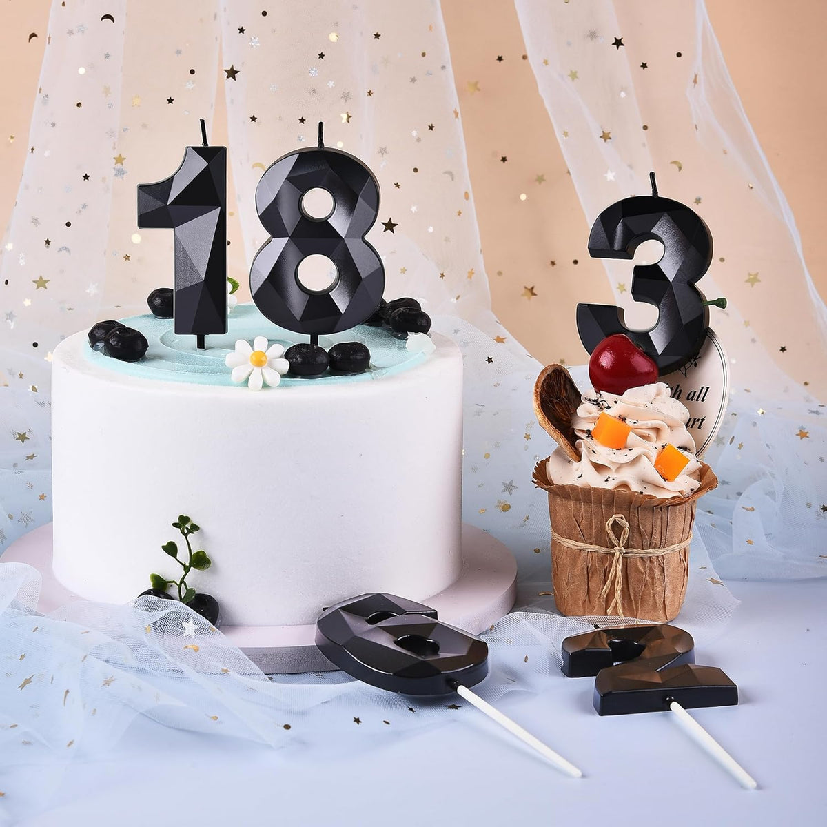 PHD CAKE 2.76 Inch Crystal Black 4 Number Birthday Candles, Black Number Candles, Cake Number