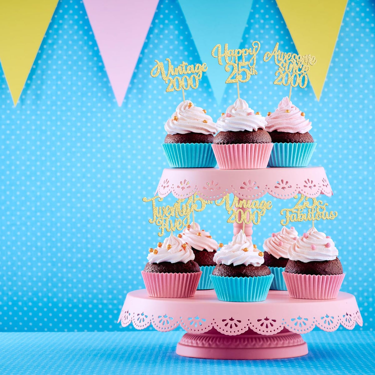 30Pcs Vintage 2000 Cupcake Toppers Glitter Twenty-Five Happy 25th Birthday 25 Fabulous Cupcake