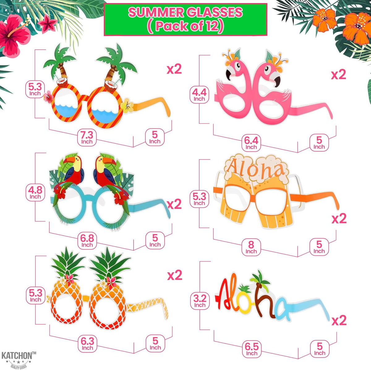 KatchOn, Luau Glasses for Luau Party Decorations - Pack of 12 | Luau Photo Booth Props, Hawaiian