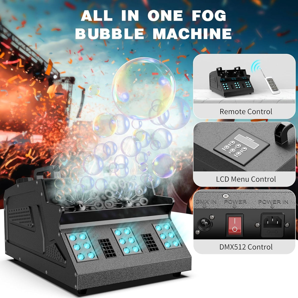 2000W Fog Machine, 3 in 1 Fog Bubble Machine with 2 Bubble Fans, 18 RGB LED Lights Smoke Bubble ALL