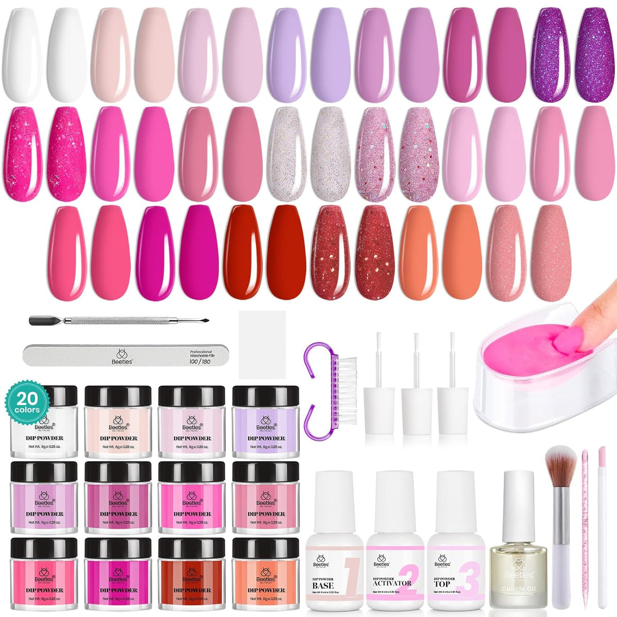 Beetles Dip Powder Nail Kit 36pcs 20 Colors Nude Hot Pink Red Glitter White Dip Nails Powder