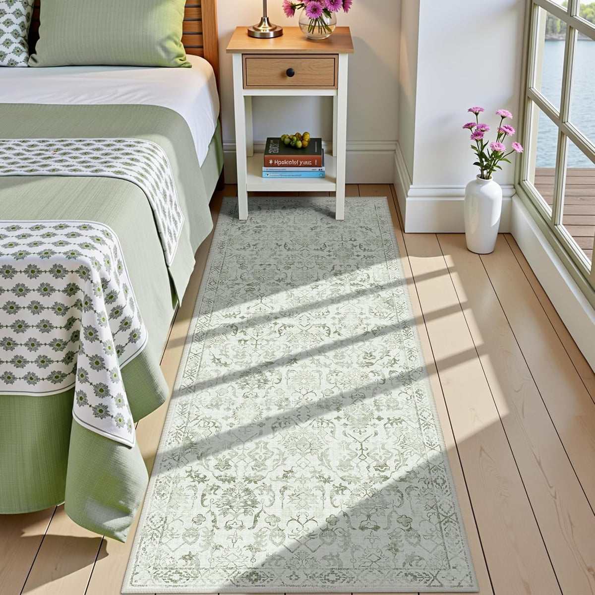Sage Green 2x6 Runner Rug for Hallways Bed Side Kitchen, Boho Washable Distressed Low-Pile Floor